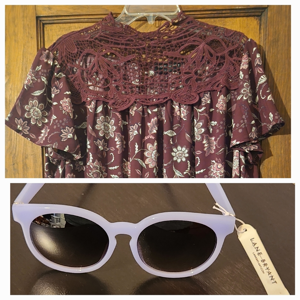 NWT Lane Bryant combo: Relaxed Short-Sleeve Mock-Neck Lace Blouse & Sun Glasses